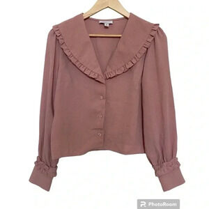 Topshop Womens Pink Large Collar Long Sleeve Ruffle Blouse